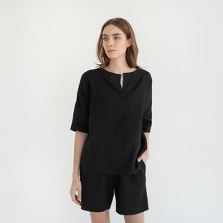 Black Linen Clover Pyjama Set - Linen Tales USA 