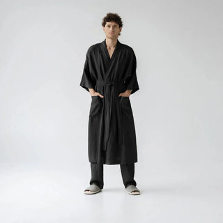 Black Linen Summer Bathrobe - Linen Tales B2B 