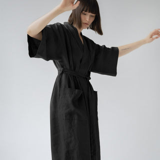 Black Linen Summer Bathrobe - Linen Tales B2B 3