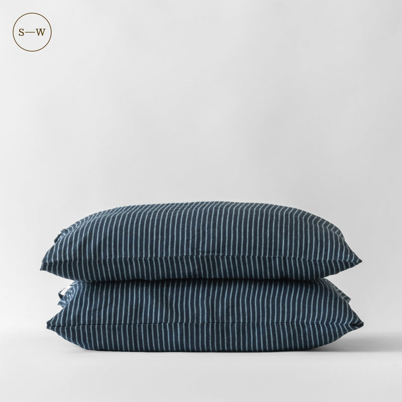 Blue Stripe Linen Pillowcases Set of 2 - Linen Tales B2B