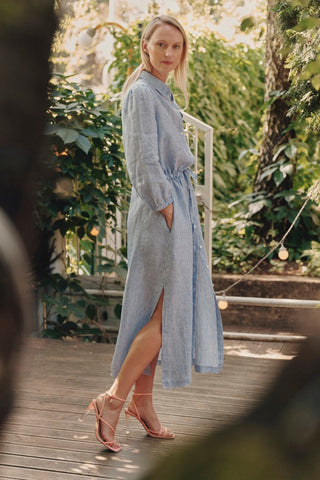Blue White Stripes Linen Rhapsody Dress - Linen Tales B2B 4