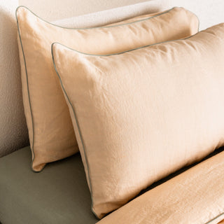 Brazilian Sand Linen Pillowcase with Sage Piping Set of 2 - Linen Tales Global 3