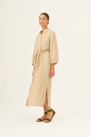 Bronze White Stripes Linen Rhapsody Dress - Linen Tales B2B 