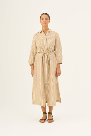 Bronze White Stripes Linen Rhapsody Dress - Linen Tales B2B 