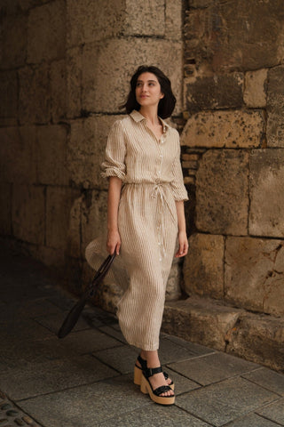 Bronze White Stripes Linen Rhapsody Dress - Linen Tales B2B 7