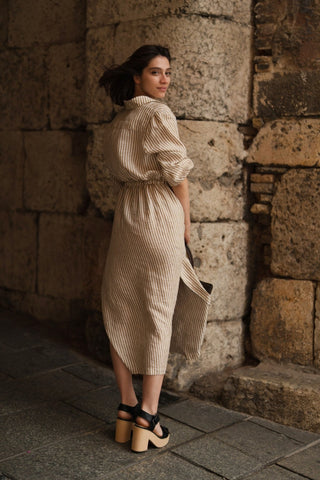 Bronze White Stripes Linen Rhapsody Dress - Linen Tales B2B 8