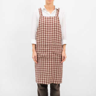 Chocolate Gingham Linen Crossback Apron - Linen Tales B2B 