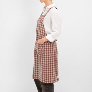 Chocolate Gingham Linen Crossback Apron - Linen Tales B2B 