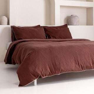Chocolate Linen Duvet Cover Set with White Piping - Linen Tales USA 