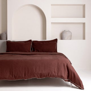 Chocolate Linen Duvet Cover Set with White Piping - Linen Tales USA 