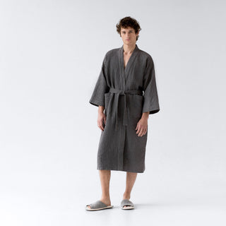 Dark Grey Linen & Cotton Honeycomb Waffle Bathrobe - Linen Tales B2B 3