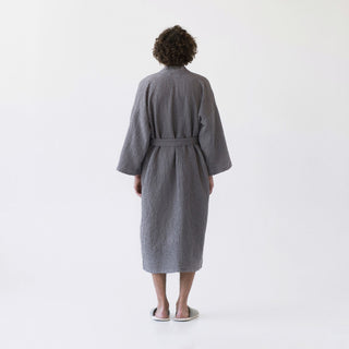 Dark Grey Linen & Cotton Honeycomb Waffle Bathrobe - Linen Tales B2B 5