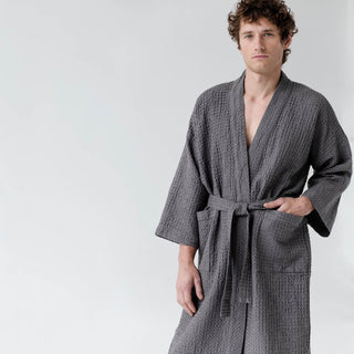 Dark Grey Linen & Cotton Honeycomb Waffle Bathrobe - Linen Tales B2B 7