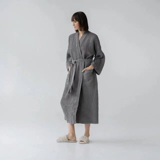 Dark Grey Linen & Cotton Honeycomb Waffle Bathrobe - Linen Tales B2B 1