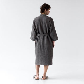 Dark Grey Linen & Cotton Honeycomb Waffle Bathrobe - Linen Tales B2B 6