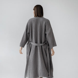 Dark Grey Linen & Cotton Honeycomb Waffle Bathrobe - Linen Tales B2B 2