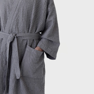 Dark Grey Linen & Cotton Honeycomb Waffle Bathrobe - Linen Tales B2B 4