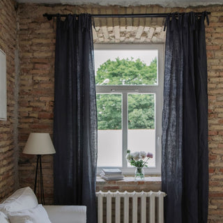 Dark Grey Linen Nighttime Tie Top Curtain Set of 2 - Linen Tales B2B 