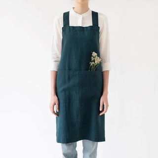 Deep Water Linen Crossback Apron - Linen Tales B2B 