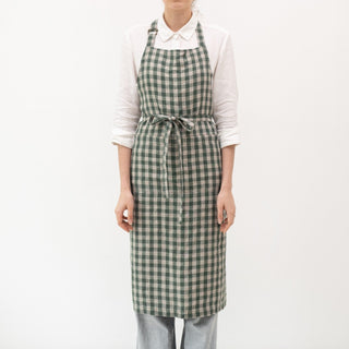 Forest Green Gingham Linen Chef Apron - Linen Tales B2B 