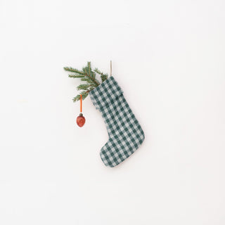 Forest Green Gingham Linen Christmas Stocking - Linen Tales USA 3