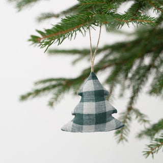 Forest Green Gingham Linen Christmas Tree Decorations Set of 4 - Linen Tales USA 2