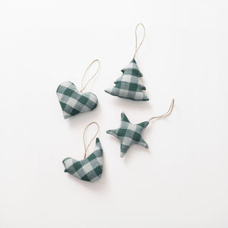 Forest Green Gingham Linen Christmas Tree Decorations Set of 4 - Linen Tales USA 1