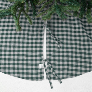 Forest Green Gingham Linen Christmas Tree Skirt - Linen Tales B2B 3