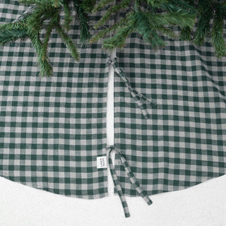 Forest Green Gingham Linen Christmas Tree Skirt - Linen Tales USA 7