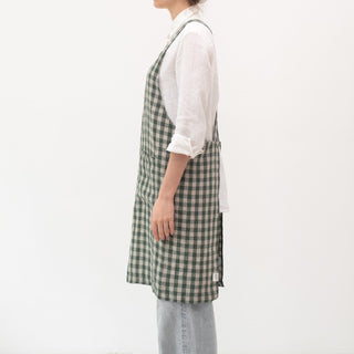 Forest Green Gingham Linen Crossback Apron - Linen Tales B2B 