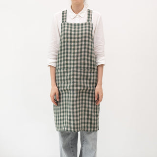 Forest Green Gingham Linen Crossback Apron - Linen Tales B2B 