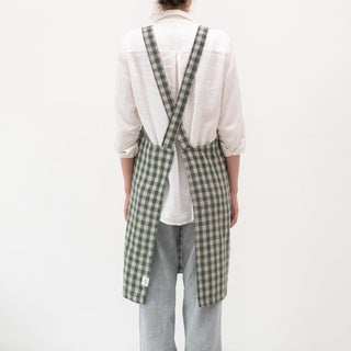 Forest Green Gingham Linen Crossback Apron - Linen Tales B2B 3