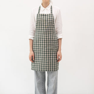 Forest Green Gingham Linen Daily Apron - Linen Tales B2B 