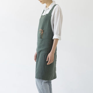 Forest Green Linen Crossback Apron - Linen Tales B2B 