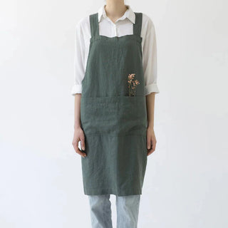 Forest Green Linen Crossback Apron - Linen Tales B2B 
