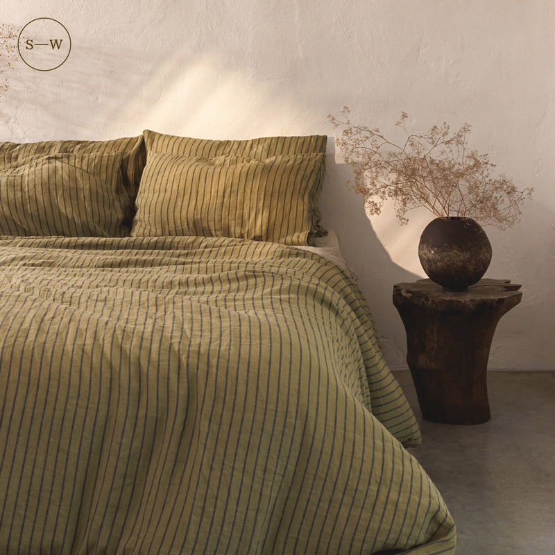 Green Blue Stripe Linen Duvet Cover Set - Linen Tales B2B