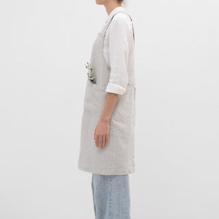 Grey Blue Pinstripe Rustic Linen Crossback Apron - Linen Tales B2B 3