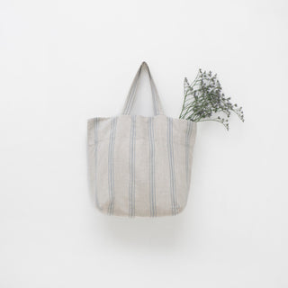 Grey Blue Wide Stripe Linen Big Bag - Linen Tales B2B 
