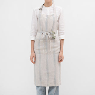 Grey Blue Wide Stripe Linen Chef Apron - Linen Tales B2B 