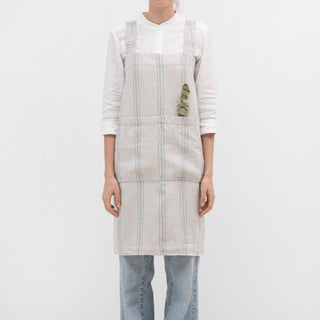 Grey Blue Wide Stripe Linen Pinafore Apron - Linen Tales B2B 1