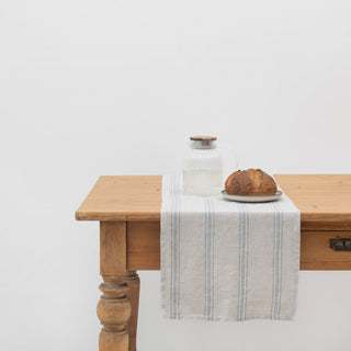 Grey Blue Wide Stripe Linen Table Runner - Linen Tales B2B 