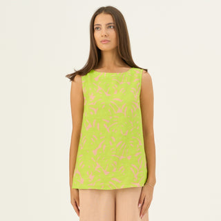 Kiwi Monstera Linen Audrey Top - Linen Tales Global 