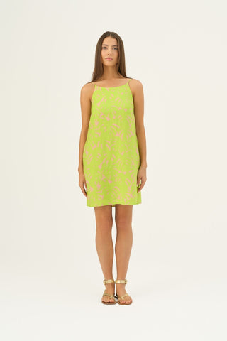 Kiwi Monstera Linen Stella Dress - Linen Tales B2B 