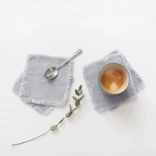 Light Grey Linen Coasters with Fringes Set of 4 - Linen Tales B2B 