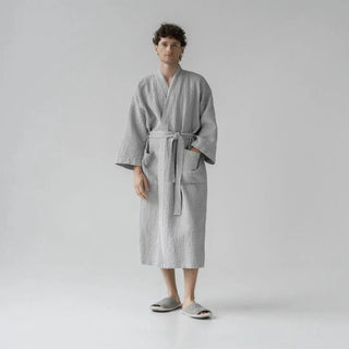 Light Grey Linen & Cotton Honeycomb Waffle Bathrobe - Linen Tales B2B 1