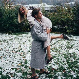 Light Grey Linen & Cotton Honeycomb Waffle Bathrobe - Linen Tales B2B 2