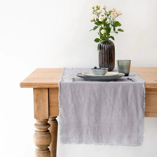 Light Grey Linen Table Runner with Fringes - Linen Tales B2B 