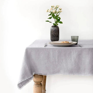 Light Grey Linen Tablecloth with Fringes - Linen Tales B2B 