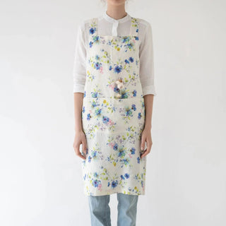 LIMITED EDITION White Flowers Linen Crossback Apron - Linen Tales B2B 