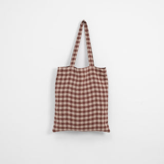 Linen Tales Chocolate Gingham Linen Tote Bag - Linen Tales B2B 